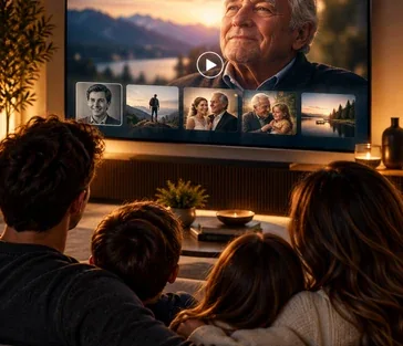 Family together beside a lake at sunset