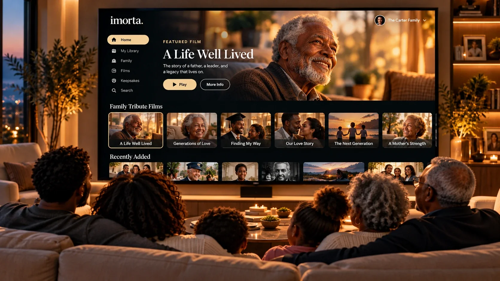 Family exploring the Imorta TV private streaming library